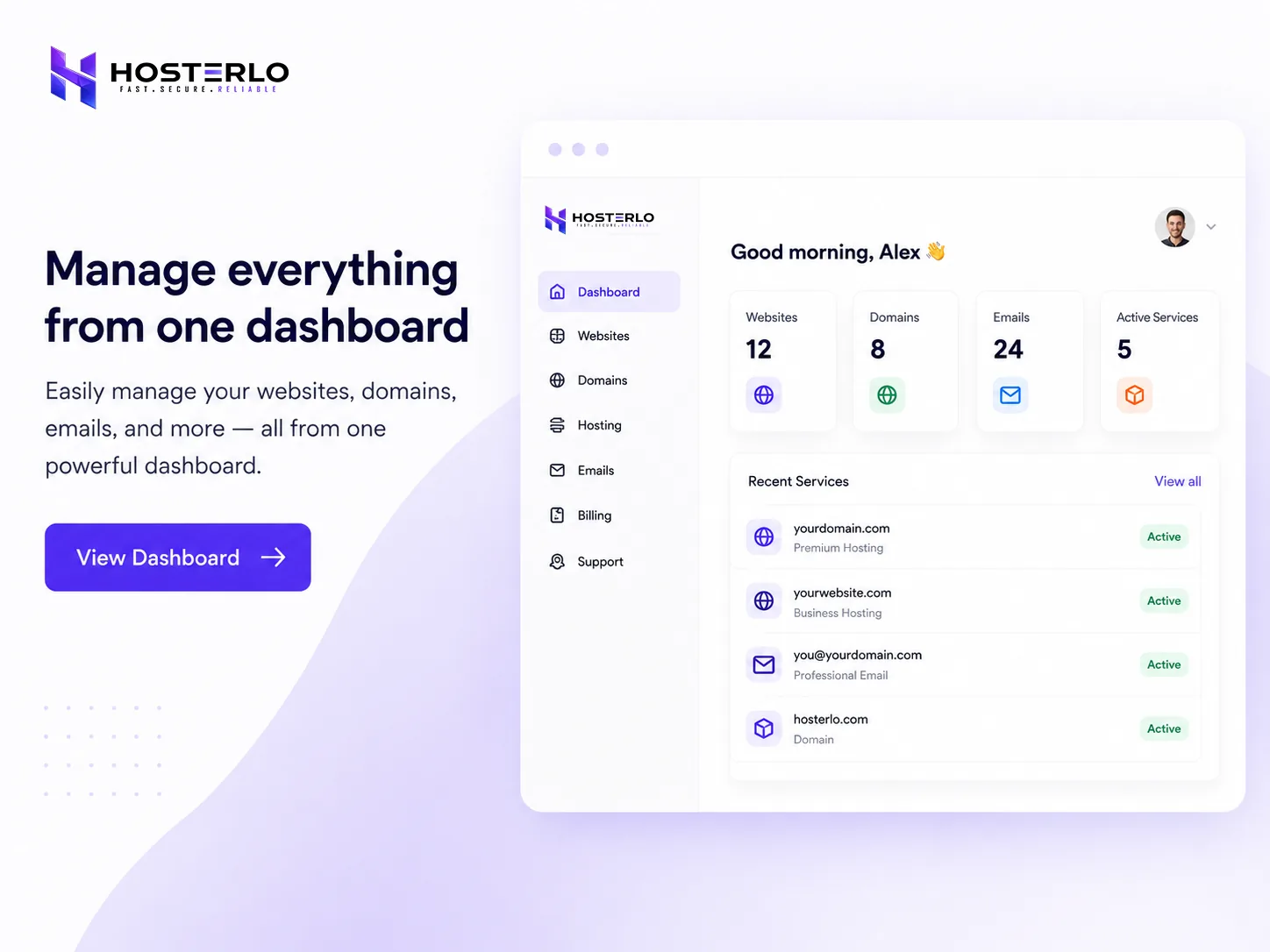 Hosterlo premium hosting dashboard with domain, email, SSL and AI offer